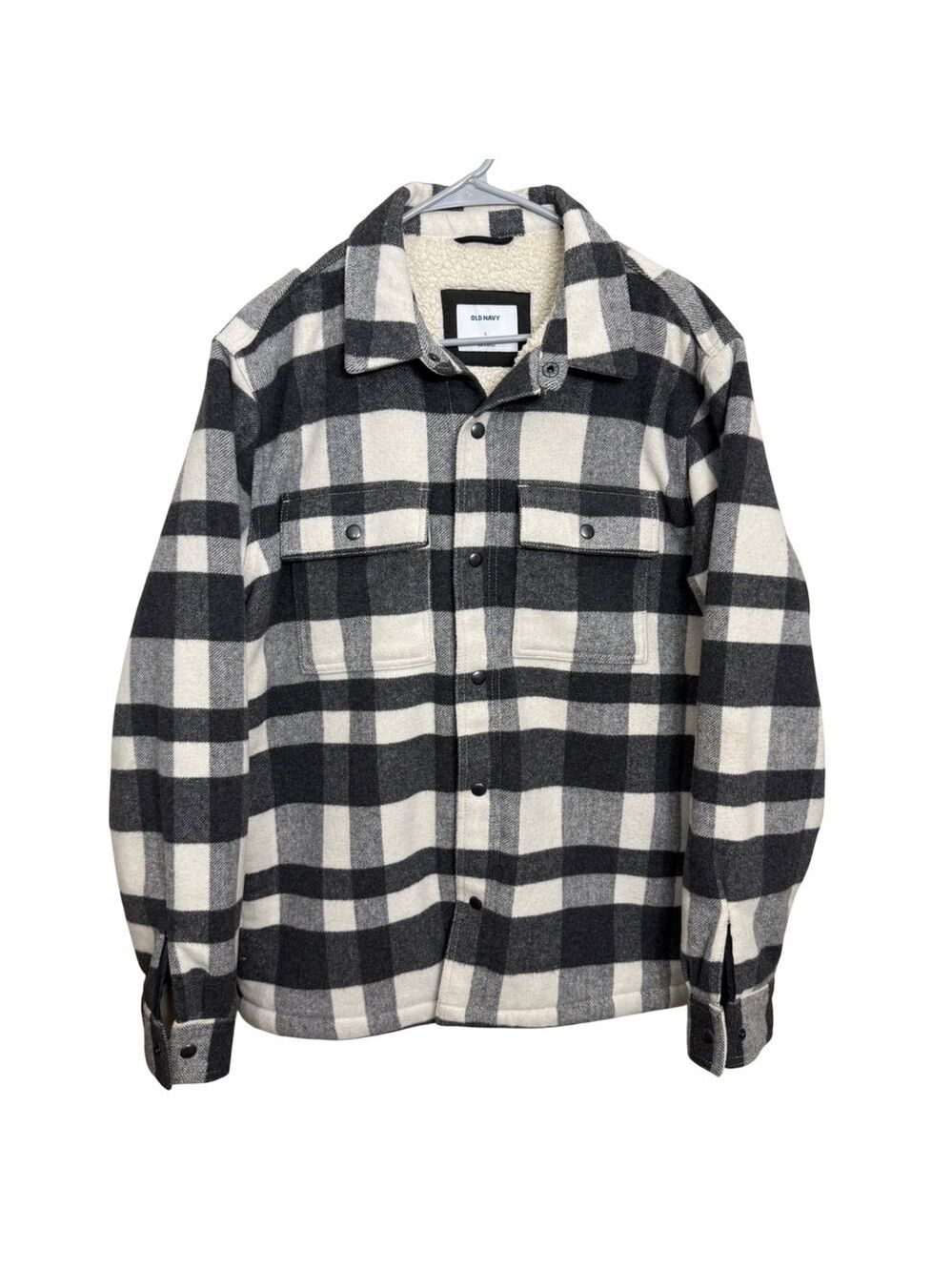 Old Navy Mens Sherpa Lined Buffalo Plaid Flannel Shirt Jacket Black White Large